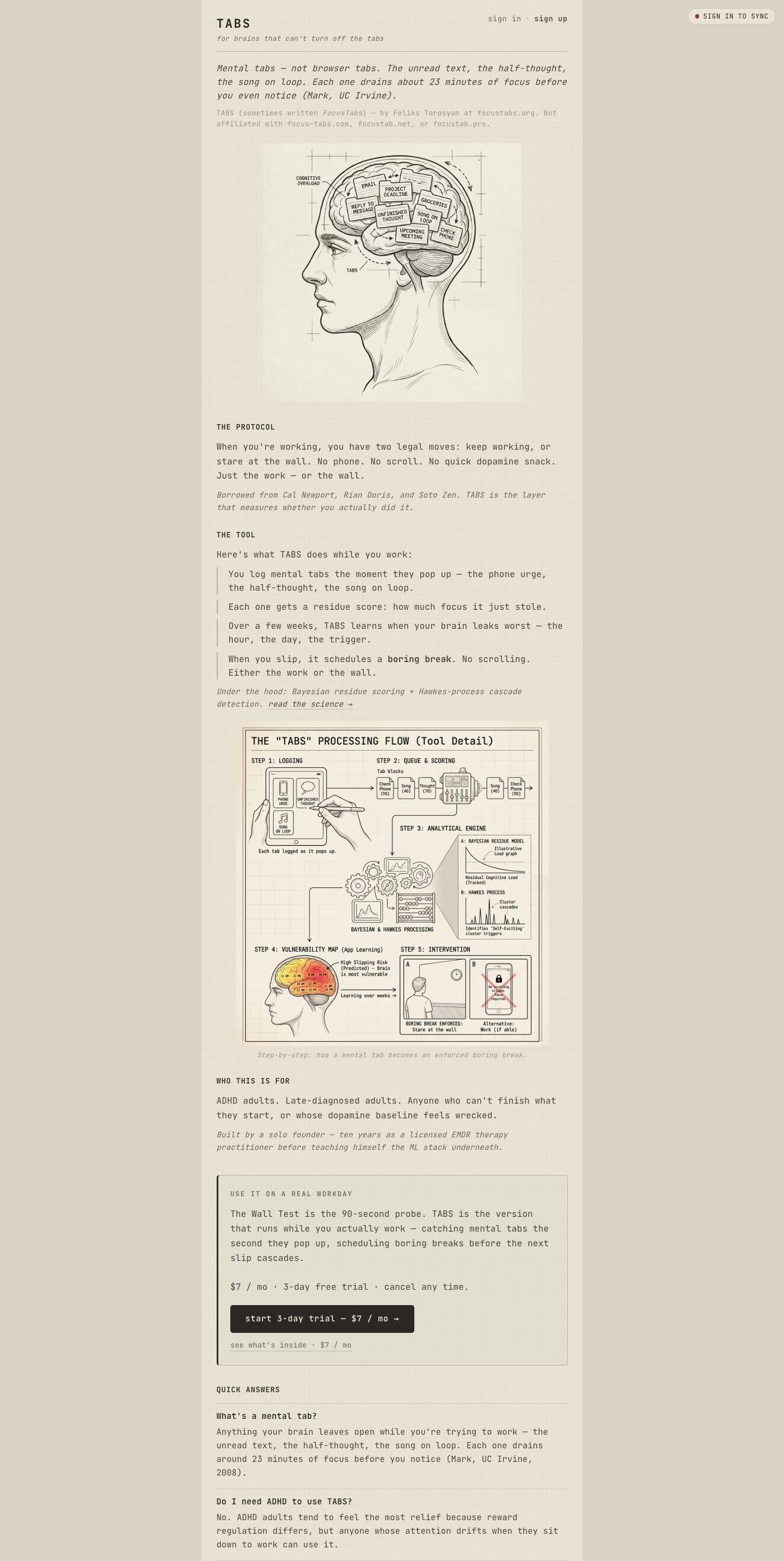 TABS — ADHD focus app landing page